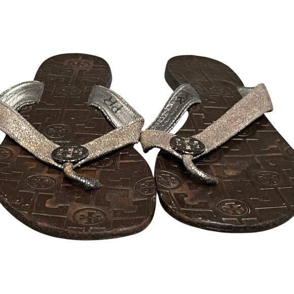 Tory Burch Thora Thong Sandal 9 Brown Glitter Leather Flip Flops Logo Medallion - Picture 8 of 16